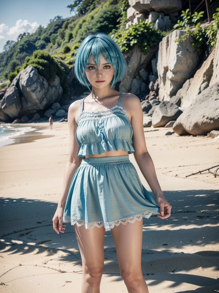Nico, short blue hair, blue eyes, Best quality</input></xml>, casual dress, 1 , high resolution, whole body, wearing a very short yellow doll with lace, Wearing black sandals, on a beach, pulling up the skirt, lifting the skirt