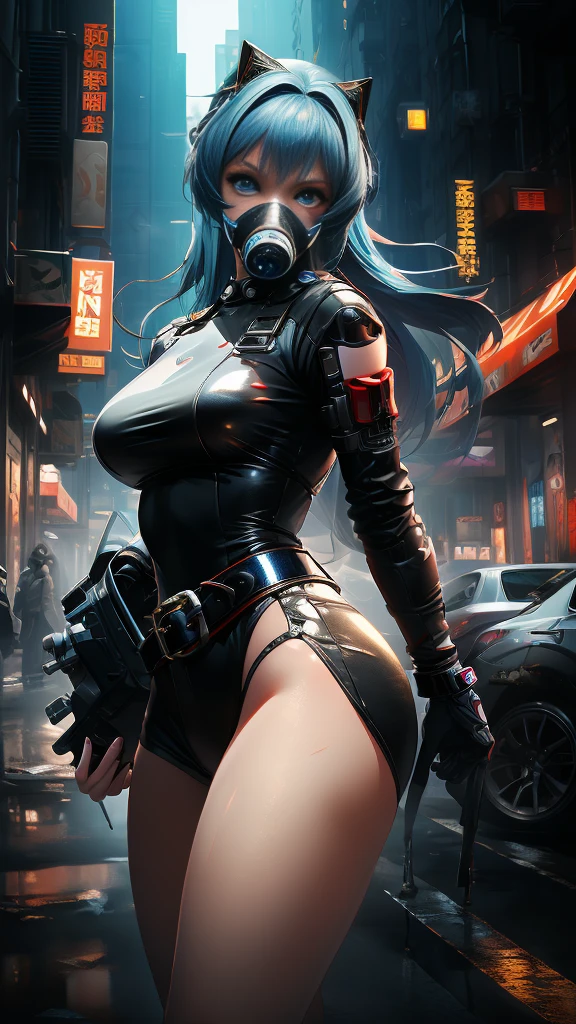 cyberpunk girl ,Graffiti, gas mask,(Premium、8K、32k、​masterpiece)、(The ultra - High definition)、(photorealistic:1.4), dynamic pose, COWBOY SHOT, cyberpunk fashion,Depth of Fields, cyberpunk city background, cinematic lighting.