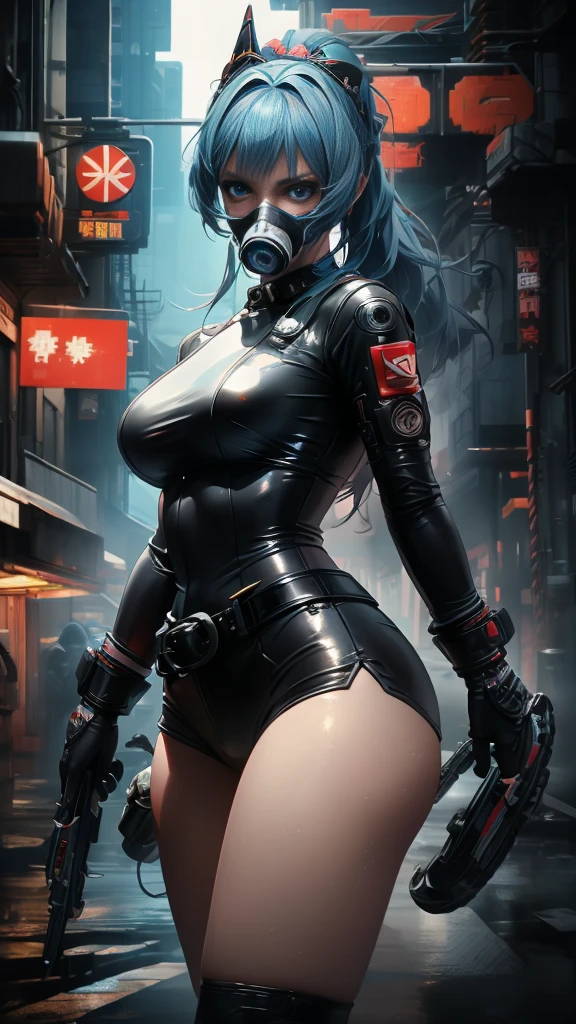 cyberpunk girl ,Graffiti, gas mask,(Premium、8K、32k、​masterpiece)、(The ultra - High definition)、(photorealistic:1.4), dynamic pose, COWBOY SHOT, cyberpunk fashion,Depth of Fields, cyberpunk city background, cinematic lighting.