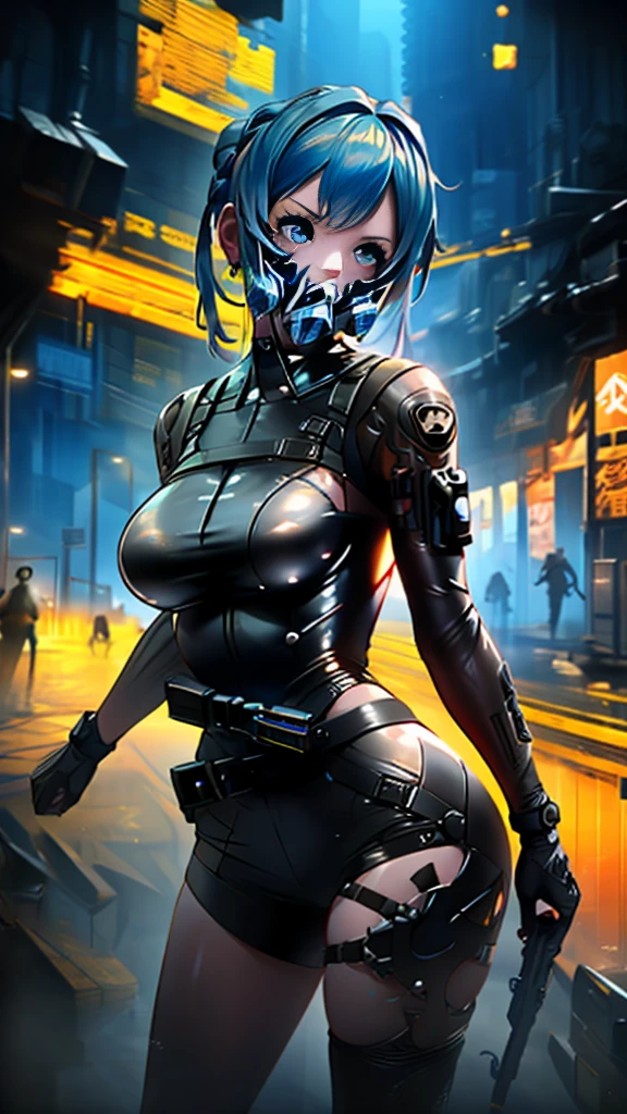 cyberpunk girl ,Graffiti, gas mask,(Premium、8K、32k、​masterpiece)、(The ultra - High definition)、(photorealistic:1.4), dynamic pose, COWBOY SHOT, cyberpunk fashion,Depth of Fields, cyberpunk city background, cinematic lighting.