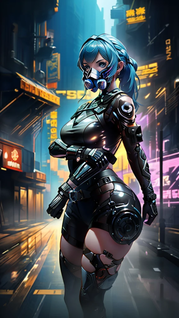 cyberpunk girl ,Graffiti, gas mask,(Premium、8K、32k、​masterpiece)、(The ultra - High definition)、(photorealistic:1.4), dynamic pose, COWBOY SHOT, cyberpunk fashion,Depth of Fields, cyberpunk city background, cinematic lighting.