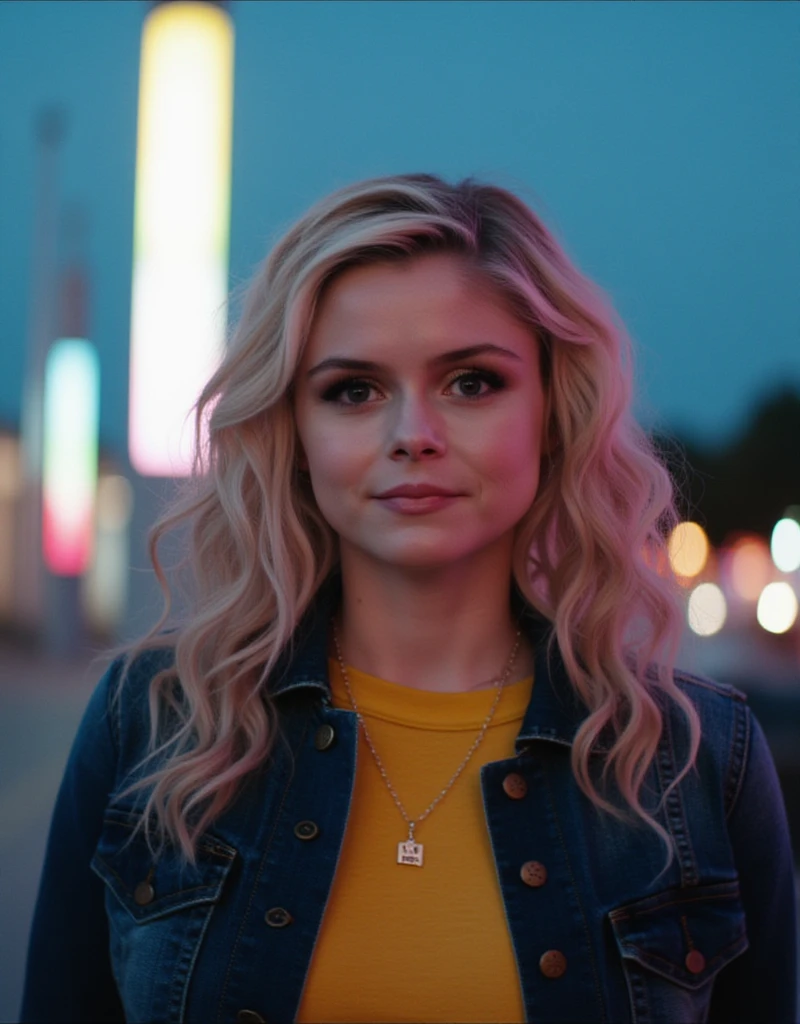 ((st4rl1ght)), annie january, solo, blue eyes, blonde hair, upper body, outdoors, necklace, blurry background, blue jacket, yellow shirt, neon lights, denim jacket, volumetric lighting 