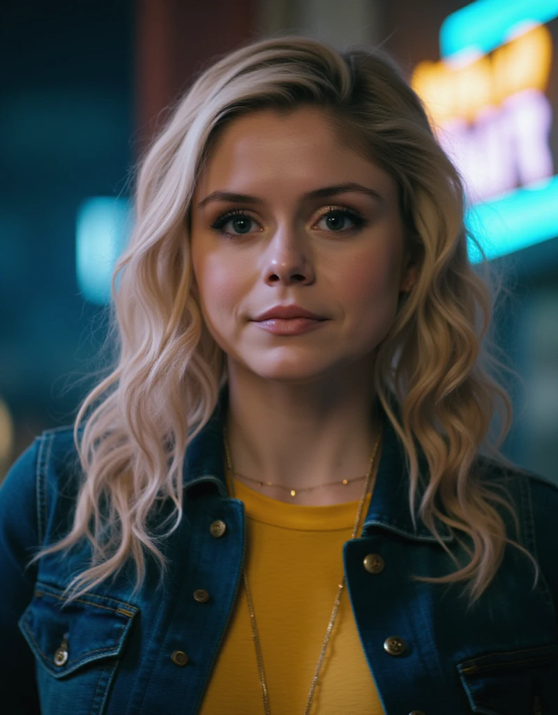 ((st4rl1ght)), annie january, solo, blue eyes, blonde hair, upper body, outdoors, necklace, blurry background, blue jacket, yellow shirt, neon lights, denim jacket, volumetric lighting 