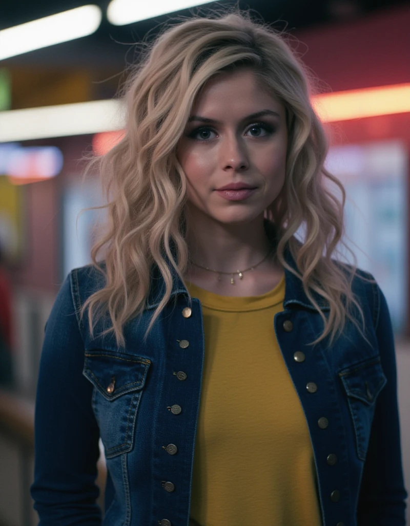 ((st4rl1ght)), annie january, solo, blue eyes, blonde hair, upper body, outdoors, necklace, blurry background, blue jacket, yellow shirt, neon lights, denim jacket, volumetric lighting 