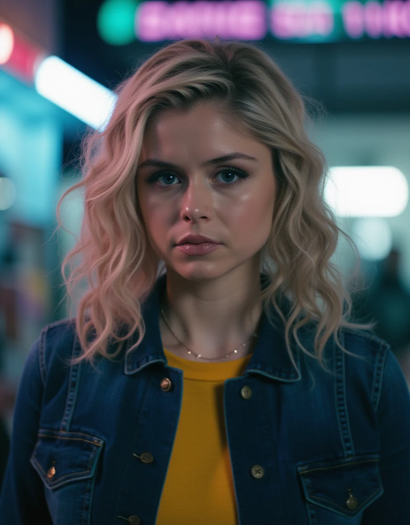 ((st4rl1ght)), annie january, solo, blue eyes, blonde hair, upper body, outdoors, necklace, blurry background, blue jacket, yellow shirt, neon lights, denim jacket, volumetric lighting 