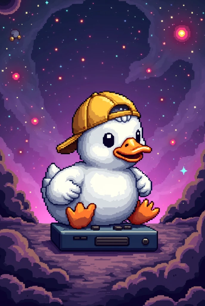 Video game style pixelated image of a white duck with a yellow cap backwards, playing video games with purple universe background