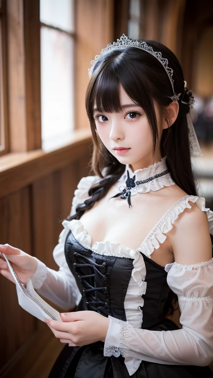 (realistic, photo-realistic:1.37), incredibly absurdres, (insanely detailed:1.3), 8k, (masterpiece), (best quality:1.4), (ultra high res:1.2), (RAW photo:1.2), ultra detailed background, (unity 8k wallpaper), 1 nogizaka girl, utterly cute, bishojo, yo, (gothic lolita fashion), an exquisitely detailed and beautiful face and eyes and skin, detailed black shine hair, small-medium breasts, cleavage, open chest, elegant frills, frilled tie, ribbon tie, hydrangea hair accessory, a dress with delicate lace, soft fabric, and a beautiful hydrangea pattern, smile at the camera, cowboy shot, castles scenery in europe, professional lighting