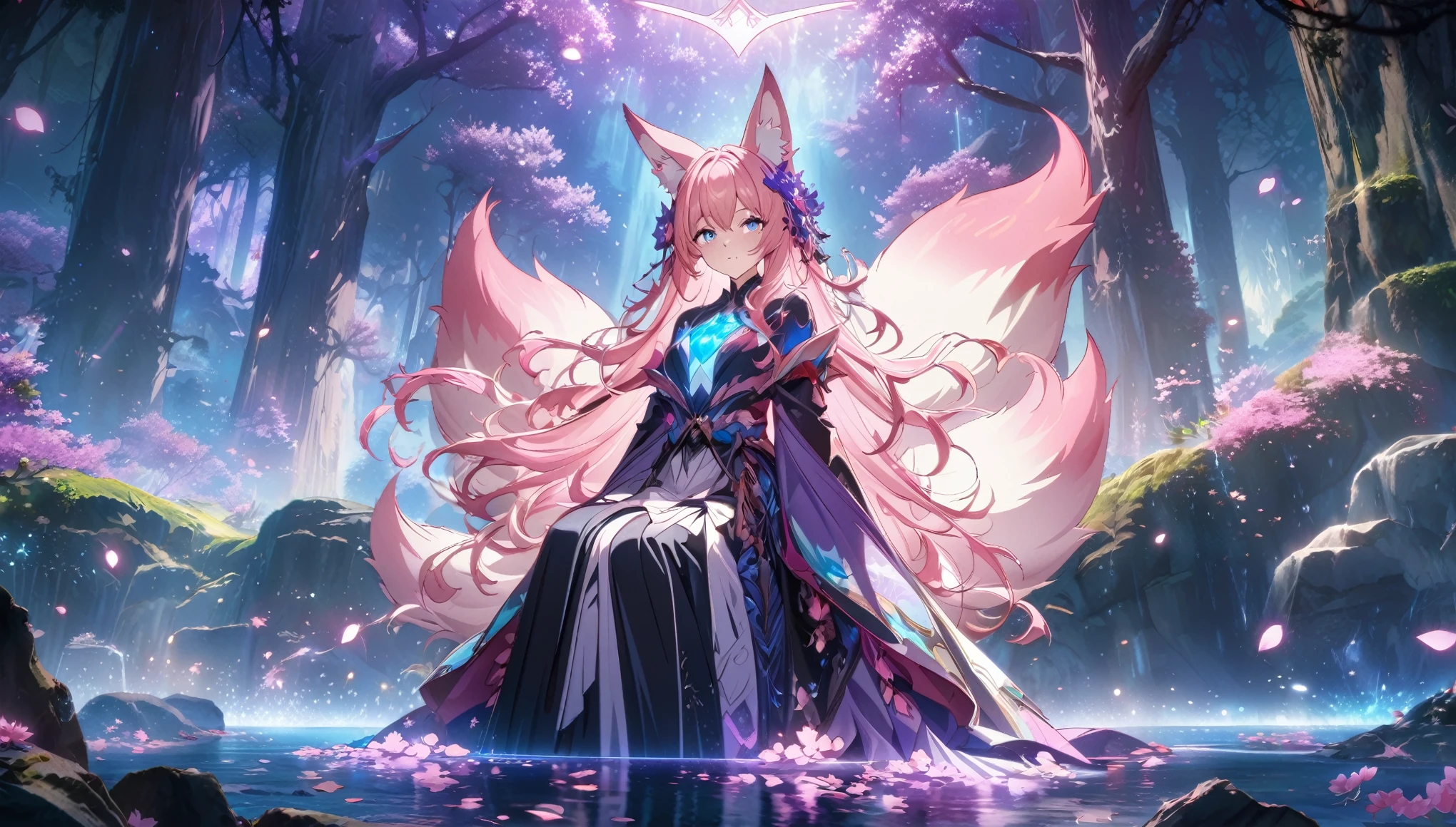 1girl, anthropomorphic fox ears, flowing pink hair, floral-themed outfit, kitsune, blue glowing tails, fantasy scenery, cherry blossoms in the background, serene expression, magical aura, elaborate kimono, sitting beside a stream, glowing magical pets, blue and purple lighting, ethereal atmosphere, vibrant petals falling, water reflections, nature-inspired magic, mystical forest setting, fantasy creatures, glowing runes, foxfire, calm and majestic mood,illustration, disheveled hair, perfect composition, moist skin, intricate details, anime artwork, anime style, key visual, vibrant, studio anime,(masterpiece:1.2), (best quality:1.2), (very aesthetic:1.2), (absurdres:1.2), (detailed background),newest, perfect anatomy ,XLC,(abstract:0.5)