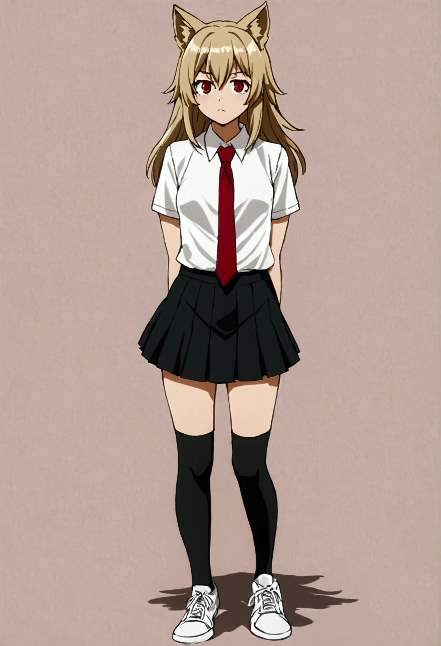 1 chica My hero academi, mid back length hair, ash blonde, crimson red eyes, Wolf ears, wolf tail, black mini skirt, white low-cut shirt, red tie, Black stockings, white tennis shoes, confused expression, closed mouth,looking to the right, blushing 