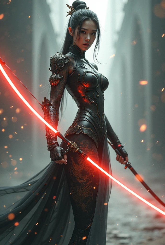 illustration futuristic, with precious metal adorning, epic intricately sculpted and delicate, hollow inside, ethereal lights within, white and gold, dynamic pose, a female Asian cyberpunk wearing long red cape with hood, holding a futuristic laser Saber, kneeing in confident battle's posture, a futuristic battle Tank in ruins, dystrophian city in smoke and fire in background, city high octane, 4k render, dramatic lighting.