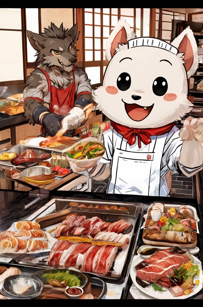 Color Comics、Japanese Manga、Meat dishes、Cooking scene、Comical chef werewolf、Straight ahead、A delicious looking cartoon of meat appears、Happy Face、smile、cute、