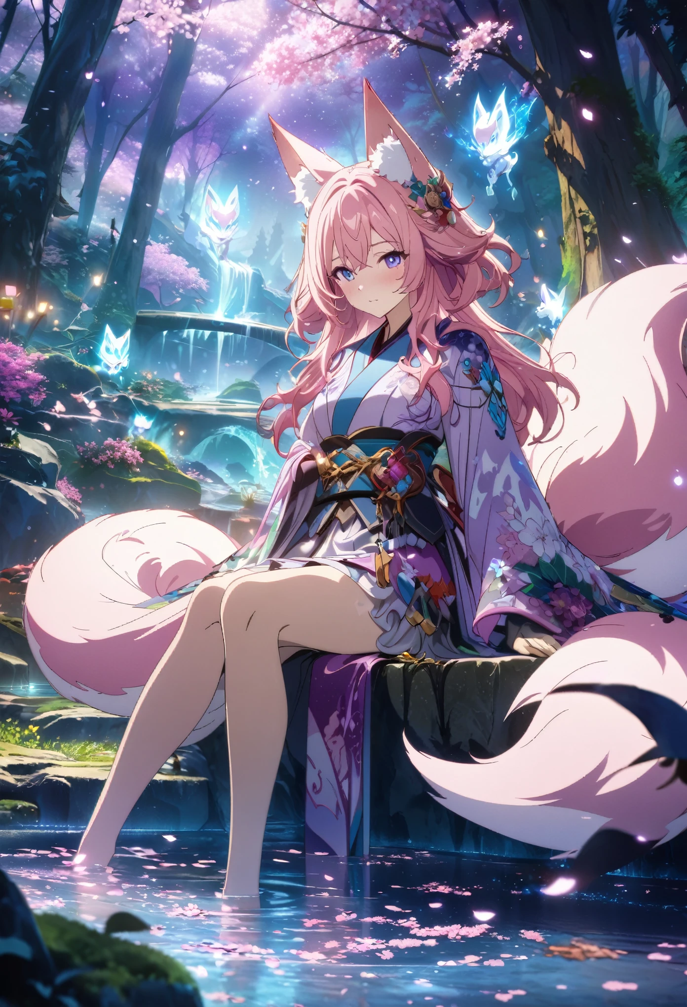 1girl, anthropomorphic fox ears, flowing pink hair, floral-themed outfit, kitsune, blue glowing tails, fantasy scenery, cherry blossoms in the background, serene expression, magical aura, elaborate kimono, sitting beside a stream, glowing magical pets, blue and purple lighting, ethereal atmosphere, vibrant petals falling, water reflections, nature-inspired magic, mystical forest setting, fantasy creatures, glowing runes, foxfire, calm and majestic mood,illustration, disheveled hair, perfect composition, moist skin, intricate details, anime artwork, anime style, key visual, vibrant, studio anime,(masterpiece:1.2), (best quality:1.2), (very aesthetic:1.2), (absurdres:1.2), (detailed background),newest, perfect anatomy ,XLC,(abstract:0.5)