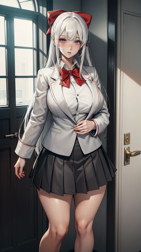 Girl in school uniform and white pantyhose with white hair smiling cheerful face sitting in sexy way blushing