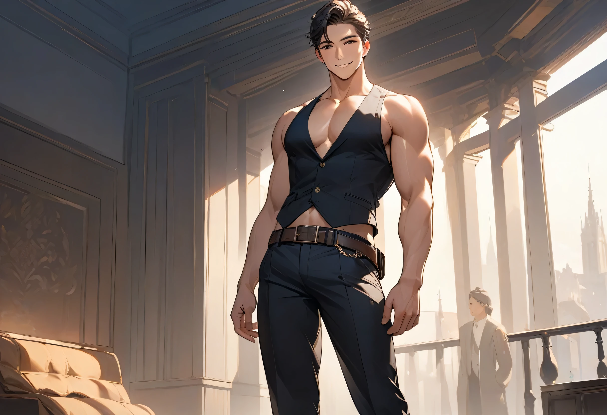 1 man，Handsome，Tall stature，Black vest，nude，robust，Black pants，belt，Smile，masterpiece，whole body