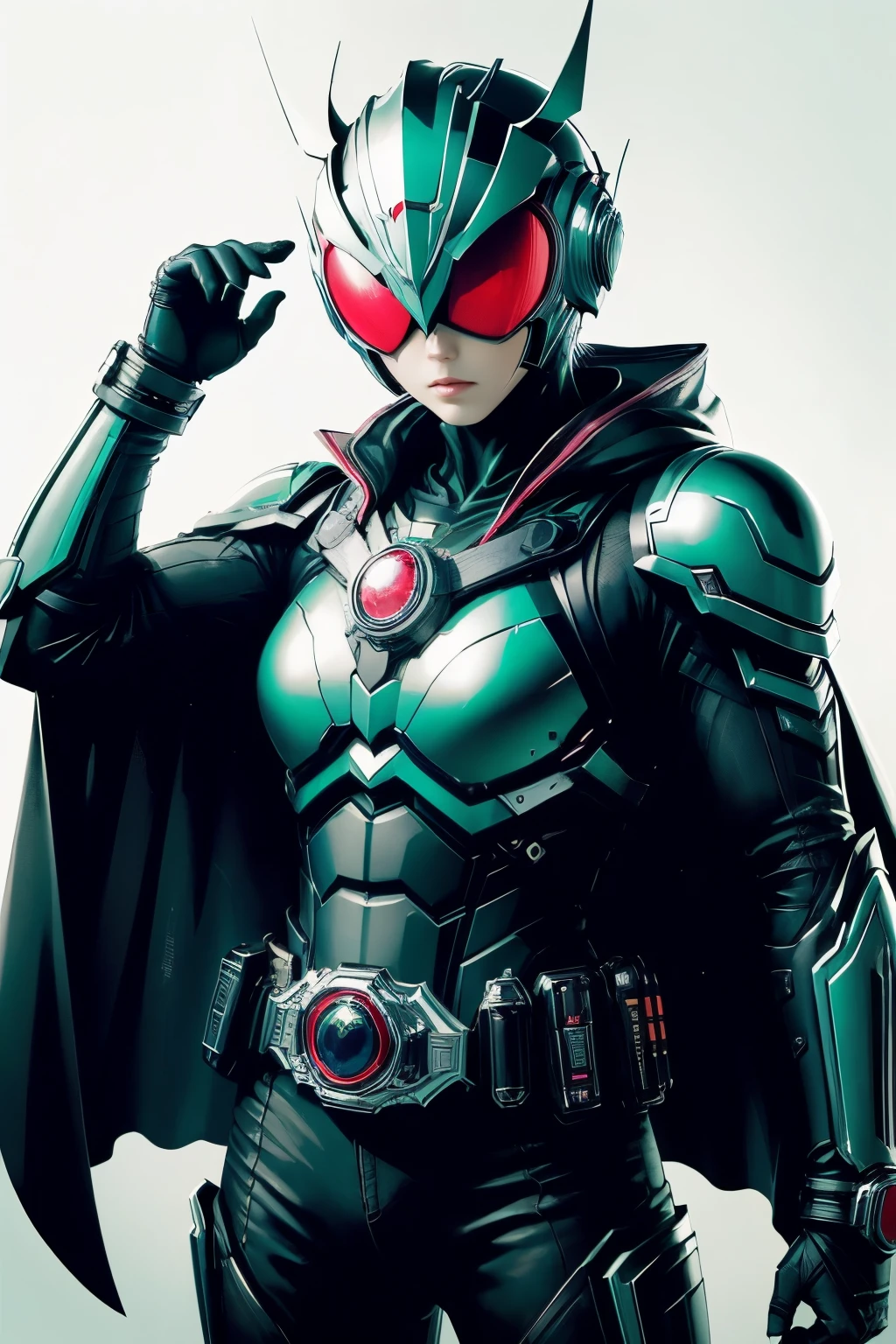 (masterpiece, best quality:1.2),Kamen_Rider，1 girl,armor,strength_armor,Gloves,cape,
