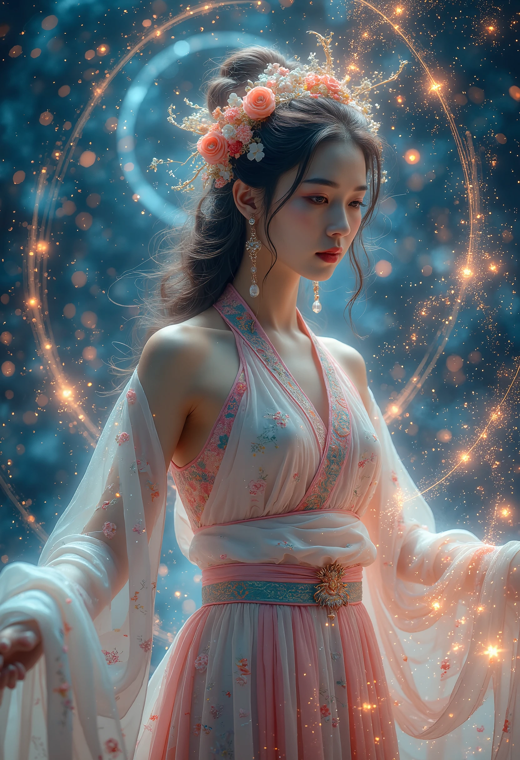 1 girl,hanfu,realistic,
Masterpiece,high quality,8,000,detailed,detailed face and skin,high resolution,perfect anatomy,physics-based rendering,photo-realistic,1 female,20 years old,full body photo,long wavy hair,accurate anatomy,woman in tights,body bright powder,body with colored swirls,psychedelic goddess,space goddess,colorful digital fantasy art,universe goddess,3D neon art female body,colorful halo,psychedelic artwork,galactic goddess,star appearance,goddess of space and time,starlight,space goddess,fantasy digital art,