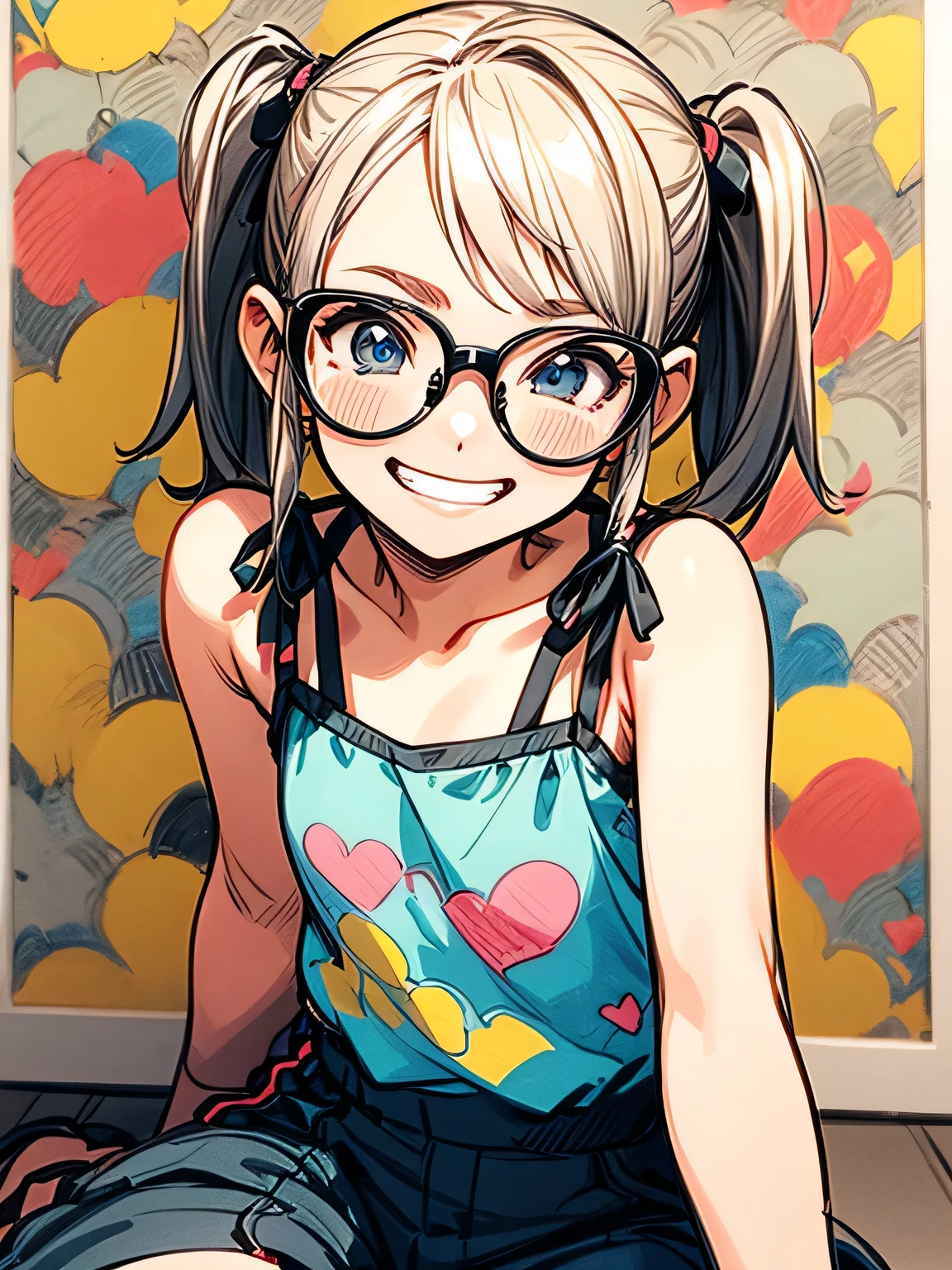 ((sitting)),upperbody,close up cute face,black twintail,grin,Gorgeous pose、Glasses、One scene,(woman),camisole、Mini pants、Casual clothing、Poster Style、(flat color),(manga style),(sketch),(illustration),