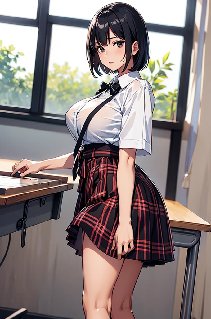 best quality, 8k, very delicate and beautiful, highly detailed face and skin texture, shiny skin, high resolution, huge tits sexy black short hair japanes girl in white shirt and plaid skirt at classroom, sharp focus