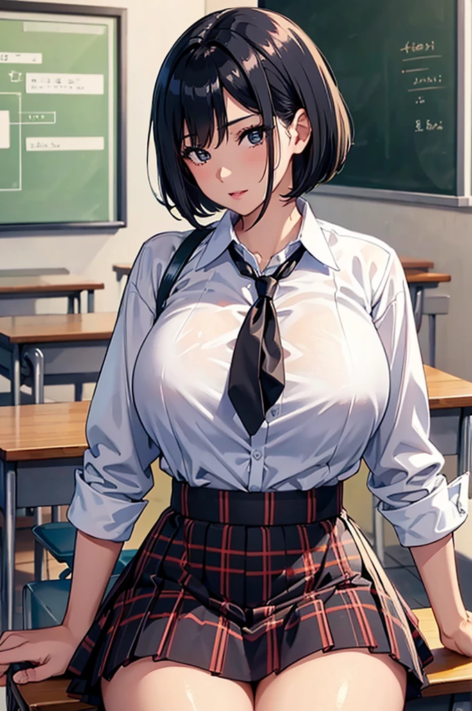 best quality, 8k, very delicate and beautiful, highly detailed face and skin texture, shiny skin, high resolution, huge tits sexy black short hair japanes girl in white shirt and plaid skirt at classroom, sharp focus