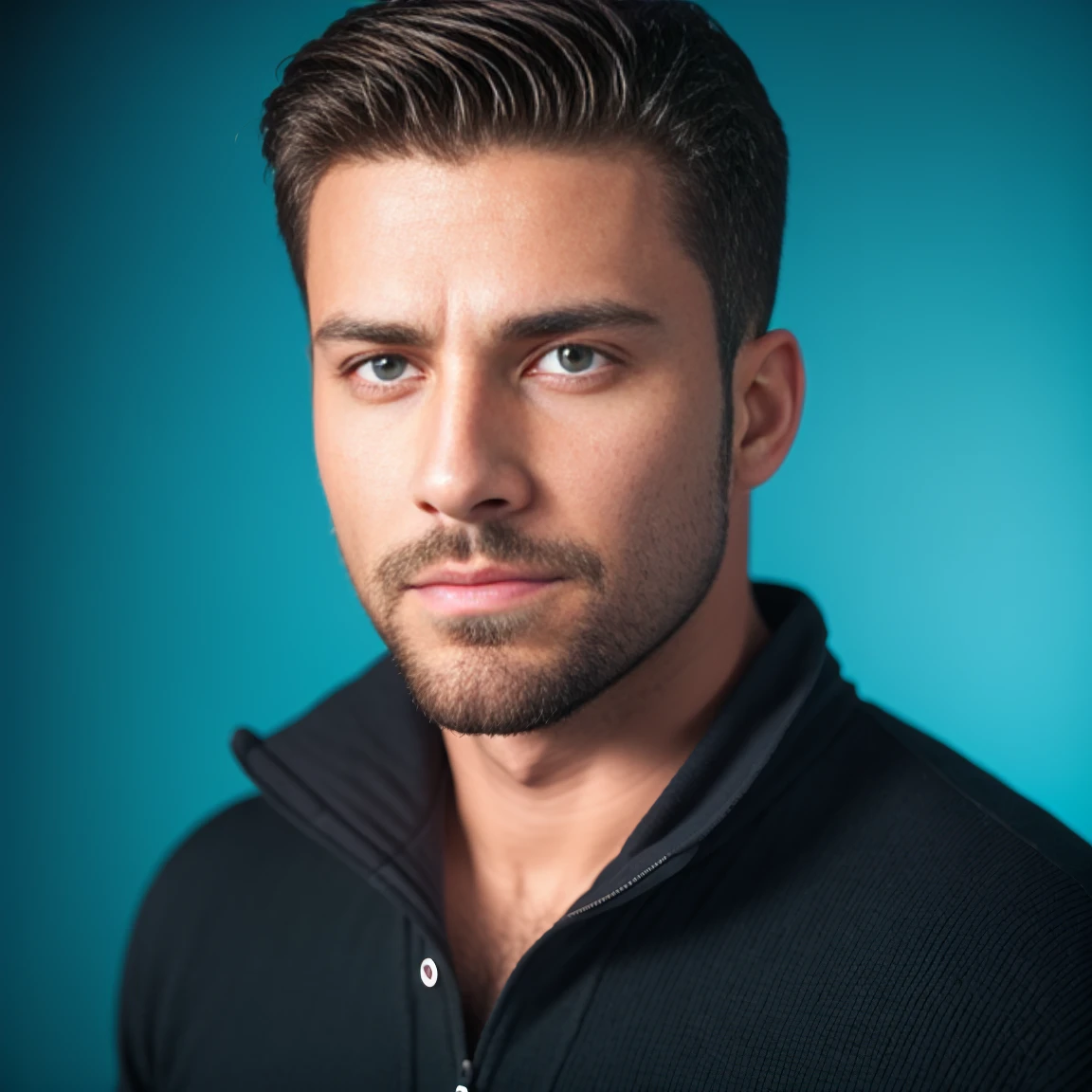 1man, RAW photo, medium close-up shot of a charismatic male fitness model, 30 years old，small beard, upset expression，gloomy eyes，Blue eyes, black background, wearing a blue sweater, soft natural lighting, cinematic and moody, (best quality,4k,8k,highres,masterpiece:1.2),ultra-detailed,(realistic,photorealistic,photo-realistic:1.37),HDR,studio lighting,professional,vivid colors,dramatic lighting