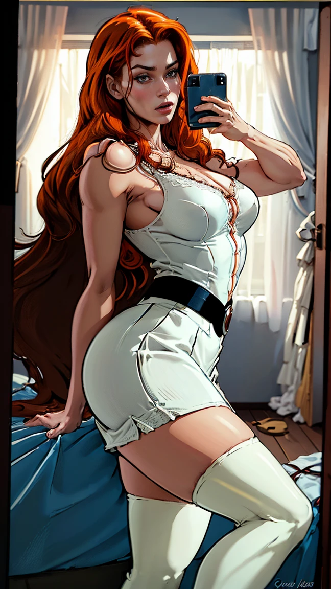 Hawkgirl very beautiful, blue eyes, long straight red hair, very giant breasts , shaped legs, very large buttocks , ((He is in his room taking a selfie)) ((dressed in a white button-down shirt and a short, wide, checked skirt and black shoes with very long white thigh-high stockings)), posing very sexy and sensual, Very nice room with a large window, good lighting, 4k resolution