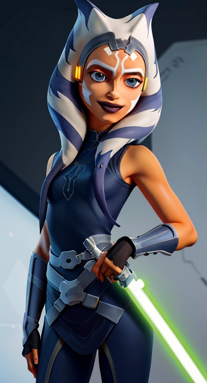 (masterpiece top quality, super detailed),Ahsoka Tano,(orange skin:1.2),sexy,young,teen,,blue eyes,makeup,small chest,blue shirt,arm guards,fingerless gloves,hip armor,blue skirt,blue leggings,anime/manga character wearing girl's clothes,standing,looking at the viewer,wearing a white and grey striped headpiece,covering her ears and part of her forehead,adorned with a brown sleek headband. ,Her skin is a warm dark brown,with striking white makeup on her face. ,Her forehead has a distinctive diagonal stripe pattern. ,Her cloak is textured as if made of thick fabric. ,Of a wool-like material,adding to her regal and dignified appearance. ,She has her hands folded in front of her chest:1.3,wearing a black glove on her left hand. ,wearing a small round device on her wrist. Smiling, Stunning Face, Detailed Eyes and Face, Detailed Body, Detailed Skin, (Glowing Green Lightsaber), (Masterpiece), (High Aesthetics), (Absolute Resolution)