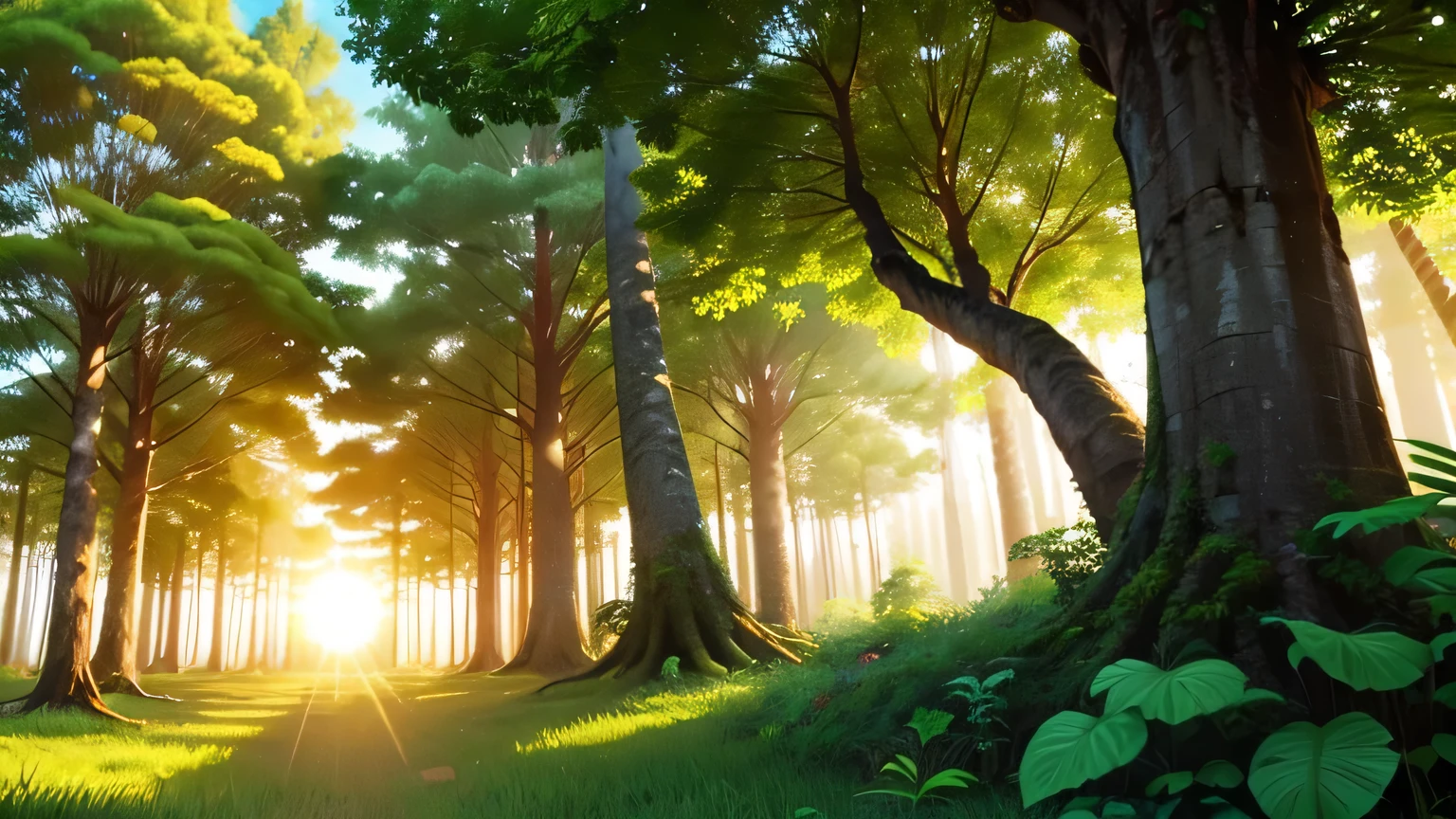 A vibrant jungle filled with tall trees, colorful flowers, The sun shines brightly background for kids animation