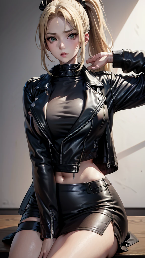 1 Girl, Solitary, Face, portrait, Long hair, Ponytail, blond, Green eyes big breasts, (Black leather jacket:1.2) , Lysis,  学校Face红, Looking at the audience, :sgqo1n:1>