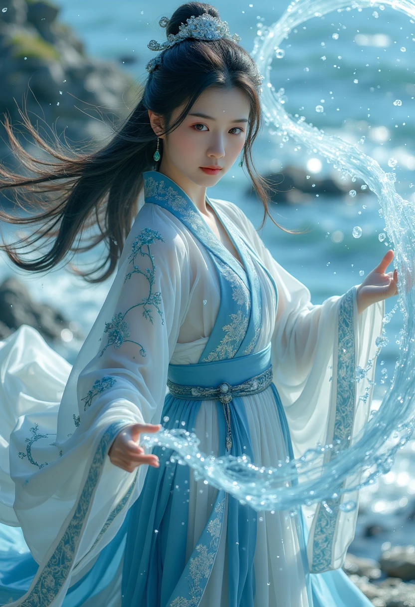 1 girl,hanfu,realistic,
(Masterpiece, high quality, best, official art, beautiful and beautiful, long-term contact:1.2),smooth movement,charming patterns,
1 girl,jade eyes,long black hair,
Portrait,alone,upper body,watching audience,detailed background,detailed facial information,(crystalline aluminum, crystal theme:1.1),elemental water wizard,swirling water,controlling the water,fantasy wizard clothing,dynamic posture,floating particles,ethereal dynamics,water,steam,background for the ocean,blue tones,coast,sacred atmosphere,