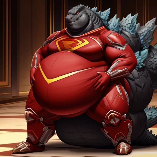 (solo:1.3) fat muscular (godzilla:1.3), (elegant red superhero suit:1.5) (armored suit:1.6), (obese belly:1.5), (legs spread:1.5), (bedroom:1.5) (standing on floor:1.4), 8k, 1080P, masterpiece