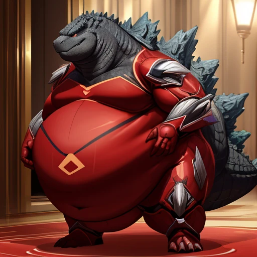 (solo:1.3) fat muscular (godzilla:1.3), (elegant red superhero suit:1.5) (armored suit:1.6), (obese belly:1.5), (legs spread:1.5), (bedroom:1.5) (standing on floor:1.4), 8k, 1080P, masterpiece