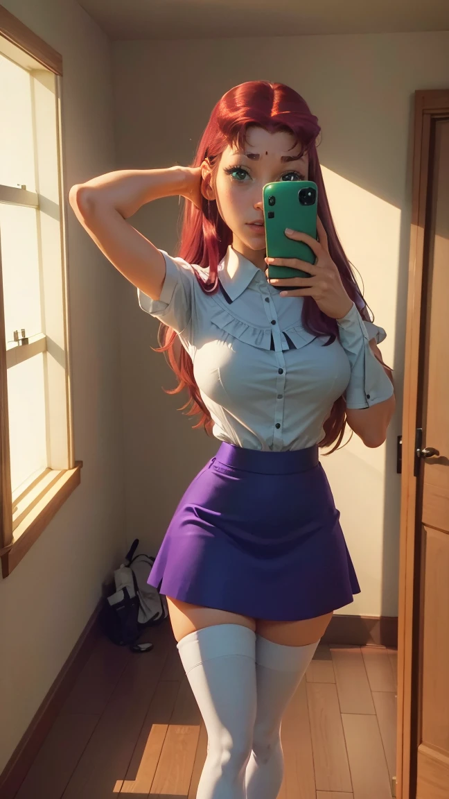 ((best quality)), ((masterpiece)), (detailed), (perfect face), (Green eyes) (magenta hair) (curvy body) (Tied up shirt, Skirt, Knee high stockings, Flats)