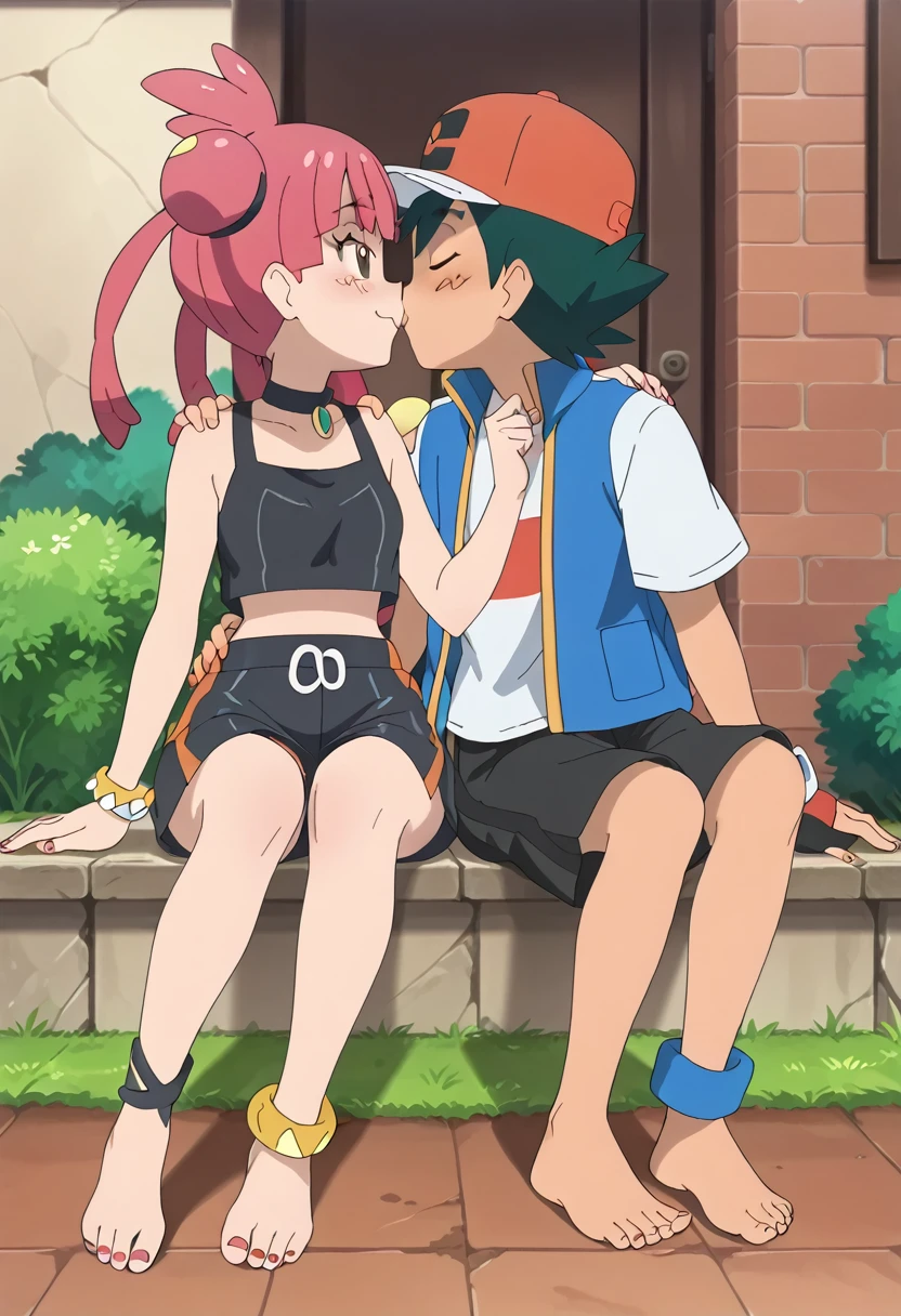 1 boy ash ketchum - pokemon journeys kiss 1 girl sango (pokemon) barefoot toes sole ankle bangle toes rings slime happy.