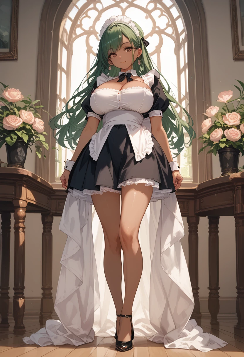 score_9, score_8_up, score_7_up, source_anime, beautiful, full body, Perfect Eyes, Perfect Face, Perfect lighting, 1 girl, , (tiny height:1.3), Long Hair, Maid clothes, (Brown Skin:1.3) ,Green Hair, huge Breasts, disproportionate breasts, Sexy smile,