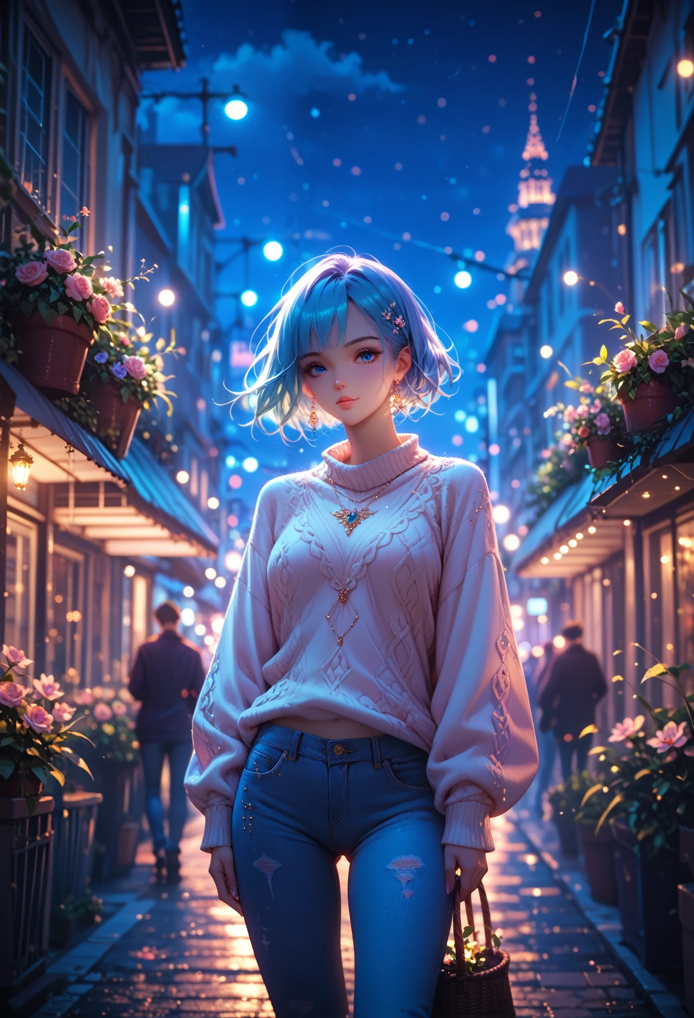  one girl, wearing a sweater and jeans, stands in the City Evening Night, City Lights Are Shining, Puddles on the Streets, Flowers near Houses in Pots, masterpiece, Maximum Details, Game of Shadows, 