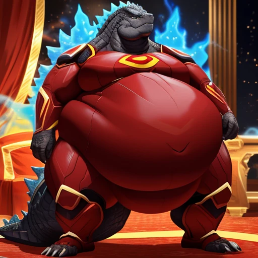 (solo:1.3) fat muscular (godzilla:1.3), (emitting aura:1.6), (elegant red superhero suit:1.5) (armored suit:1.6), (obese belly:1.5), (legs spread:1.5), (bedroom:1.5) (standing on floor:1.4), 8k, 1080P, masterpiece