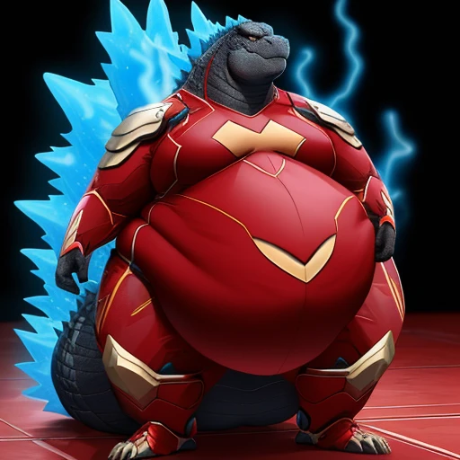 (solo:1.3) fat muscular (godzilla:1.3), (emitting aura:1.6), (elegant red superhero suit:1.5) (armored suit:1.6), (obese belly:1.5), (legs spread:1.5), (bedroom:1.5) (standing on floor:1.4), 8k, 1080P, masterpiece