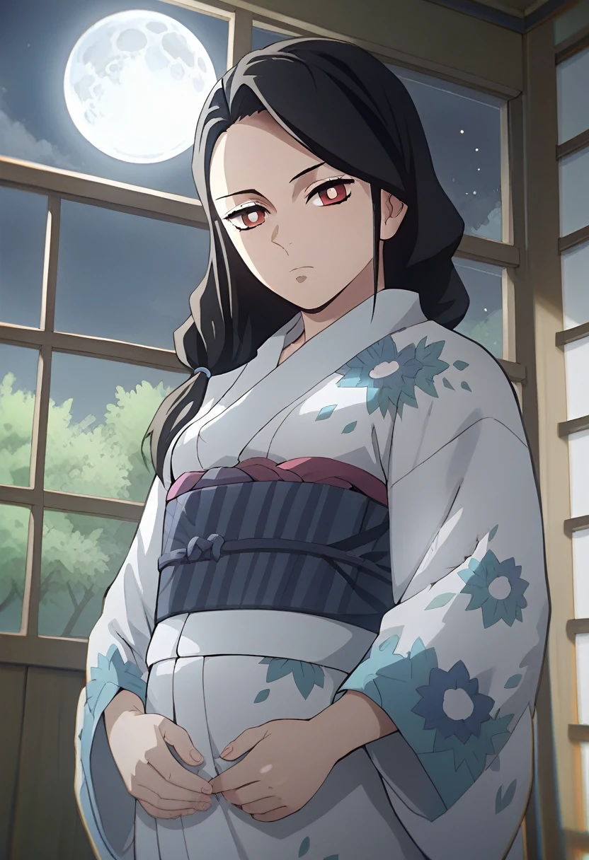 score_7_up, BREAK source_anime, RRukaV4XL, 1girl, solo, looking at viewer, closed mouth, japanese clothes, open kimono, undressing, shy face, bright pupils, floral print, open white kimono, hair over shoulder, cowboy shot, from below, japanese house, tatami, indoors, night, moon, sliding doors, 