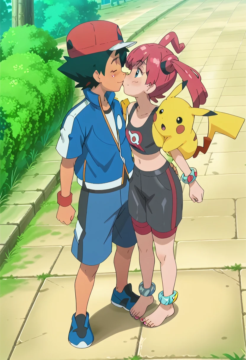 1 boy ash ketchum - pokemon x and y kiss 1 girl sango (pokemon) barefoot toes sole ankle bangle toes rings slime happy..