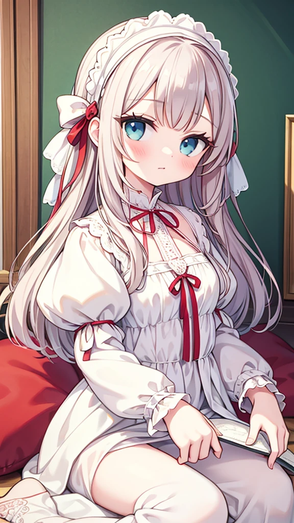 Anime human cat girl with white hair, white skin, blue eyes, brown doll dress, black doll shoes, white doll knee socks,Sitting on a big fancy bed, in a fancy room, with a scared expression
