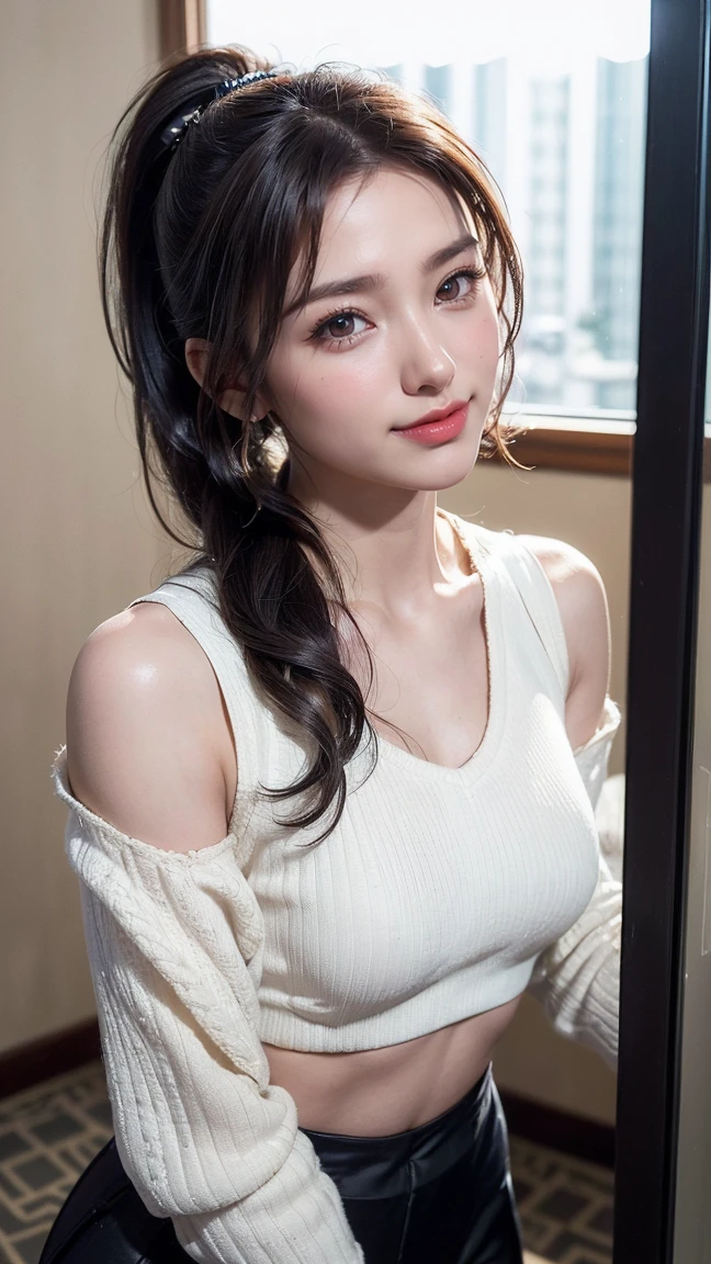best quality, masterpiece, beautiful and aesthetic, 16K, (HDR:1.4), high contrast, bokeh:1.2, lens flare, (vibrant color:1.4), (muted colors, dim colors, soothing tones:0), cinematic lighting, ambient lighting, sidelighting, Exquisite details and textures, cinematic shot, Warm tone, (Bright and intense:1.2), wide shot, by playai, ultra realistic illustration, siena natural ratio, anime style, a picture from a high angle, a view from above, long Straight black hair with blunt bangs, (a charming smile:1), Gray bracelet, a oversized off-shoulder pink an oversized T-shirt, jeans, playing Gibson bass guitar, a sexy instagram Hot Swiss model, with a tattoo, oversized clevage, Broken Glass effect, no background, stunning, something that even doesn't exist, mythical being, energy, molecular, textures, iridescent and luminescent scales, breathtaking beauty, pure perfection, divine presence, unforgettable, impressive, breathtaking beauty, Volumetric light, auras, rays, vivid colors reflects.