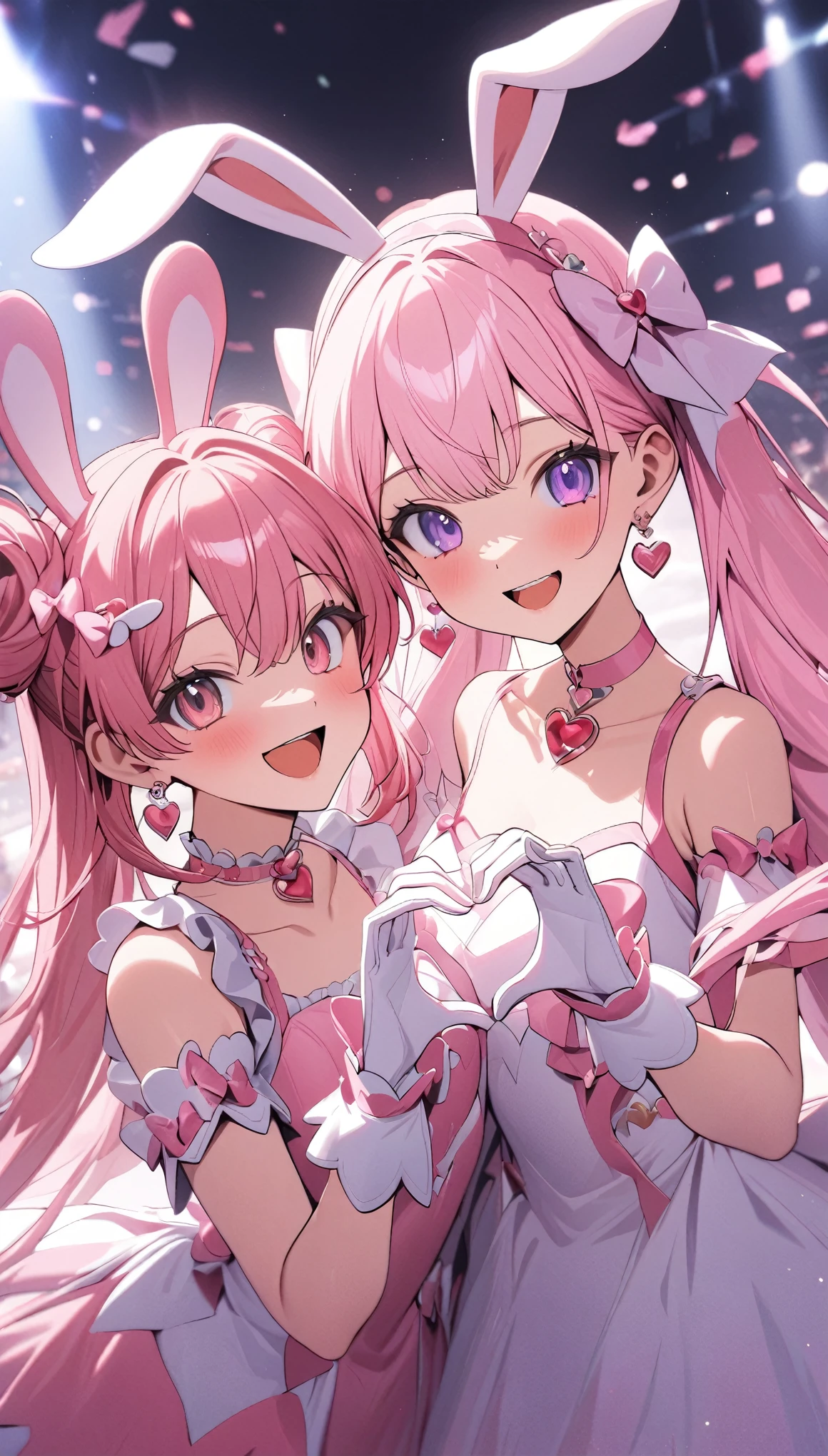 multiple_girls, 2girls, pink_choker, pink_hair, rabbit_ears, animal_ears, smile, gloves, open_mouth, magical_girl, choker, heart_hands, jewelry, hair_ornament, heart, earrings, food-themed_hair_ornament, long_hair, white_gloves, looking_at_viewer, extra_ears, bow, hairband, dress, :d, pink_eyes, pom_pom_(clothes), heart_hands_duo, pink_bow, purple_eyes, hair_bun, pink_hairband, twintails, collarbone, cone_hair_bun, hair_bow, pink_dress, white_dress, pink_theme, color_connection, food, (masterpiece:1.2), (best quality:1.2), (very aesthetic:1.2), (absurdres:1.2), (detailed background), (detailed shading:1.2), (detailed lighting:1.2), (detailed coloring:1.2), (detailed highlighting:1.2), (safe:1.2), newest,gloss