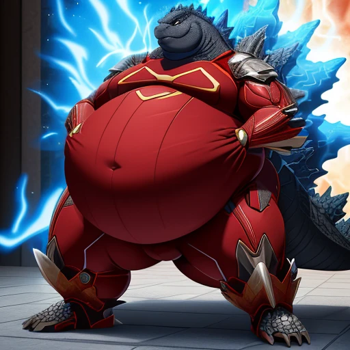 (solo:1.3) fat muscular (godzilla:1.3), (emitting aura:1.6), (elegant red superhero suit:1.5) (armored suit:1.6), (obese belly:1.5), (hands lifted up:1.3), (legs spread:1.5), (bedroom:1.5) (standing on floor:1.4), 8k, 1080P, masterpiece