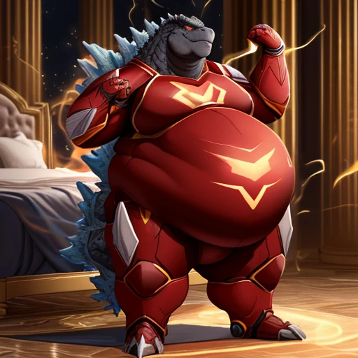 (solo:1.3) fat muscular (godzilla:1.3), (emitting aura:1.6), (elegant red superhero suit:1.5) (armored suit:1.6), (obese belly:1.5), (hands lifted up:1.3), (legs spread:1.5), (bedroom:1.5) (standing on floor:1.4), 8k, 1080P, masterpiece