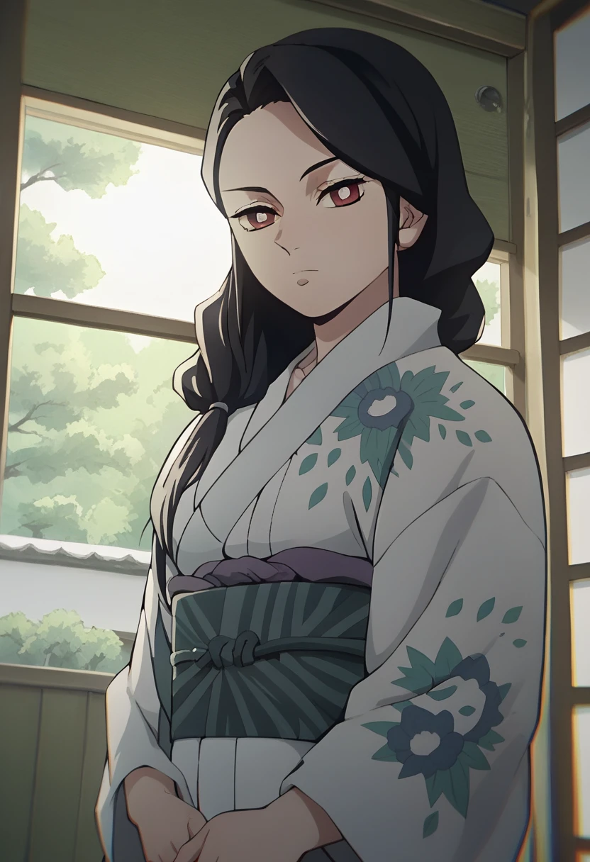 Nsfw, source_anime, RRukaV4XL, 1girl, solo, looking at viewer, closed mouth, open kimono, undressing, shy face, bright pupils, floral print, open white kimono, hair over shoulder, cowboy shot, from below, japanese house, tatami, indoors, night, moon, sliding doors, 