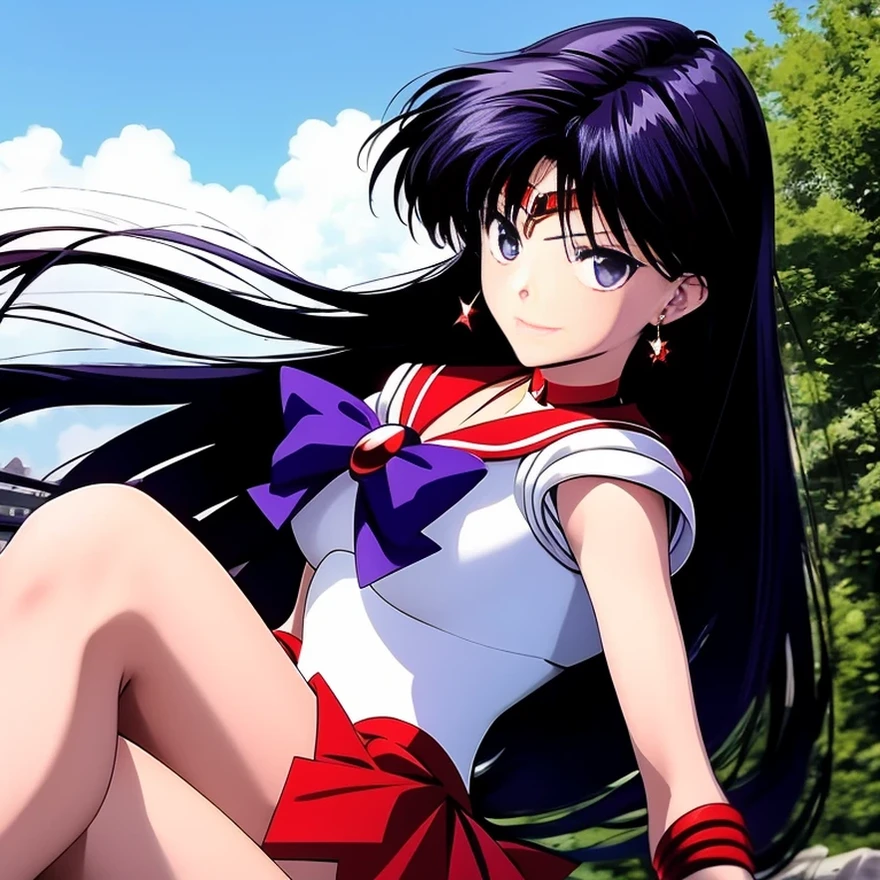 Outdoor, ReiHino、 (Sailor Mars), showing her upper body (from knee to head), showing her entire head, She has a confident and strong expression.