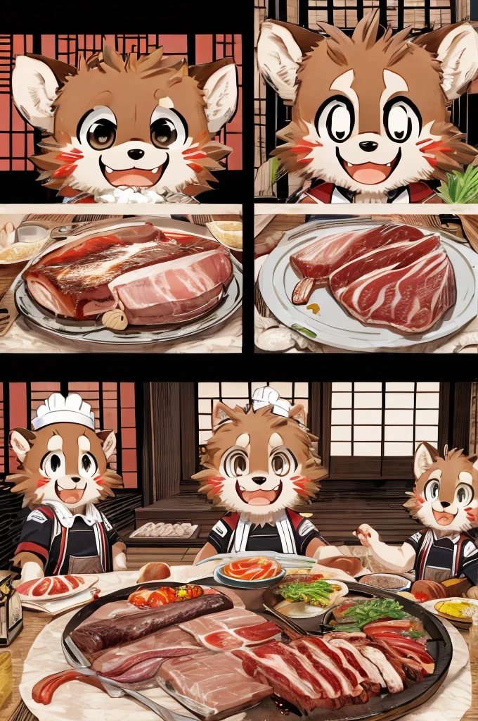 Color Comics、Japanese Manga、Meat dishes、Make the cooking scene into multiple frames、Comical chef werewolf、Straight ahead、Delicious meat cartoon、美味しそうなMeat dishesが出来上がりました、Happy Face、smile、cute、