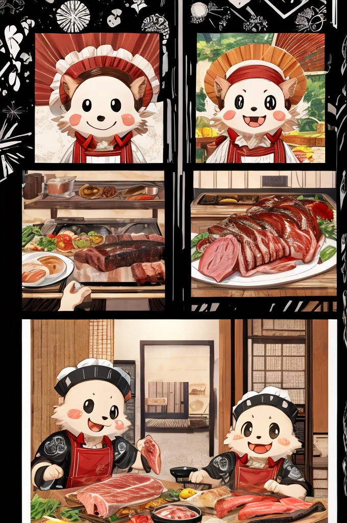 Color Comics、Japanese Manga、Meat dishes、Make the cooking scene into multiple frames、Comical chef werewolf、Straight ahead、Delicious meat cartoon、美味しそうなMeat dishesが出来上がりました、Happy Face、smile、cute、