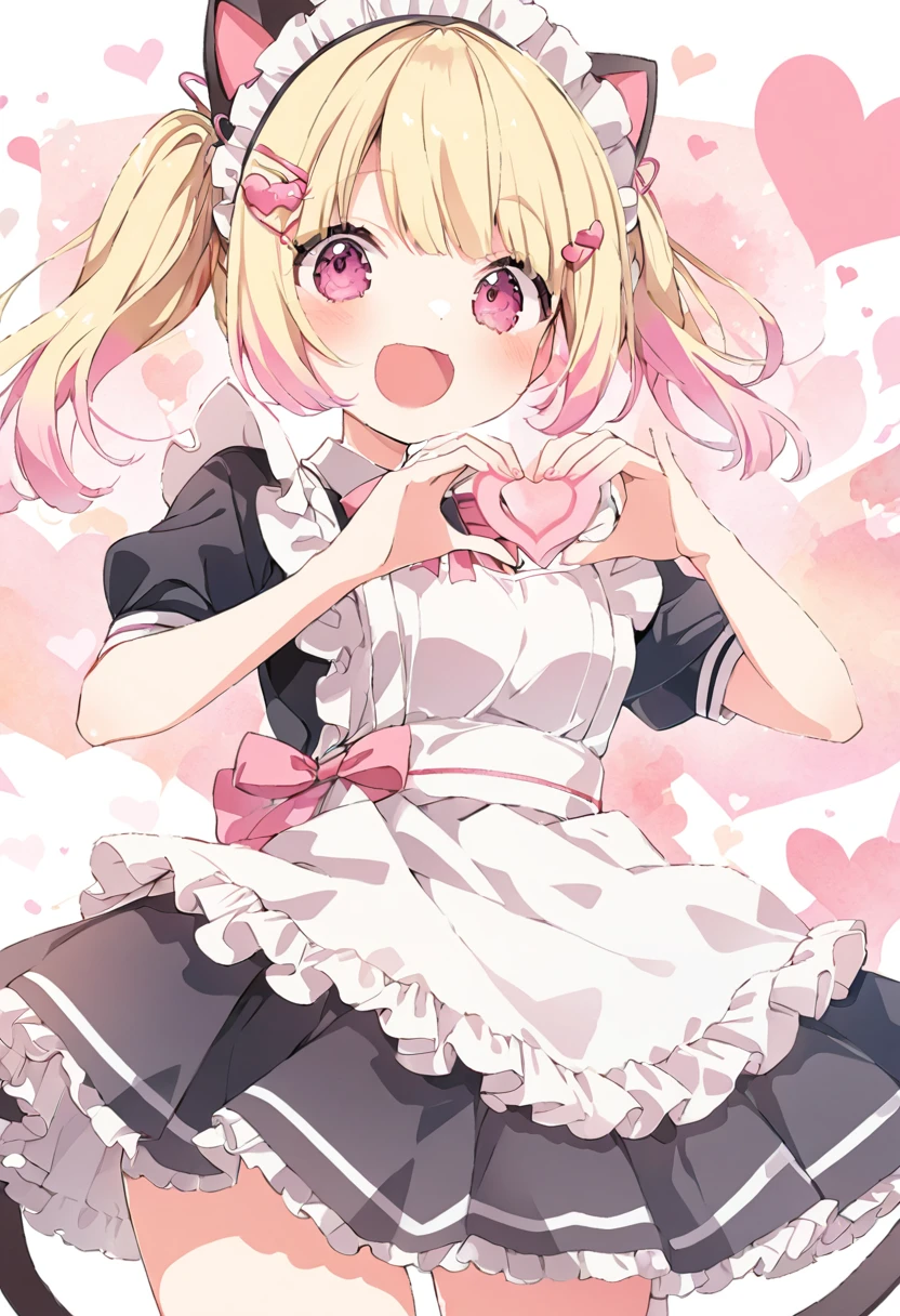 （Best Quality）、Primary school students、Girl、sexy、Maid uniform、Short skirt、blonde、Cat hair clip、Making a heart sign with both hands、Laughing、A lot of pink hand-drawn hearts are flying in the background、Kyoto Animation style illustration、Watercolor tone