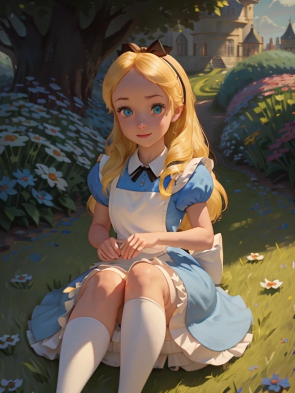 Alice's Adventures in Wonderland, highly detailed girl, alice liddell, Alice has blonde hair, wears a cyan blue Sweet dress with bodice and flared hem, and Alice style white apron, The apron has frills at the bottom, a large ribbon tied at the back, (Silky straight hair, Parted bangs, A black hairband with a black ribbon, striped stockings, Flat shoes with laces), pale blue eyes, cute lips with a cute smile, (super beautiful girl, Realistic Beautiful Face, Realistic Skin texture), cute pose, in a flower garden, (disney castle at the background), (blue sky), Perfect Proportions, portrait of alice in wonderland, photorealistic, ((masterpiece)), (best quality), HDR, extremely detailed